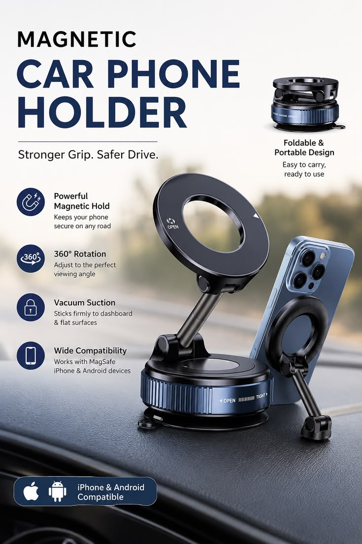🚘 Premium 360° Rotating Magnetic Car Phone Holder | Strong MagSafe Magnet | One-Touch Lock System | Adjustable Viewing Angle | Dashboard & Smooth Surface Mount 📱✨