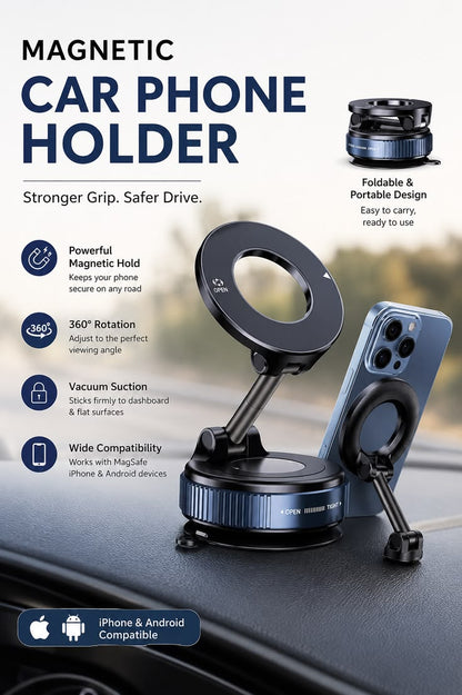 🚘 Premium 360° Rotating Magnetic Car Phone Holder | Strong MagSafe Magnet | One-Touch Lock System | Adjustable Viewing Angle | Dashboard & Smooth Surface Mount 📱✨